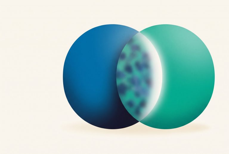 Two overlapping translucent forms meeting in a band of light, representing trust rebuilt between people as AI enters a team.